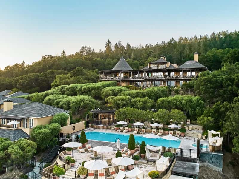 Auberge du Soleil pool deck overlooking Napa Valley vineyards