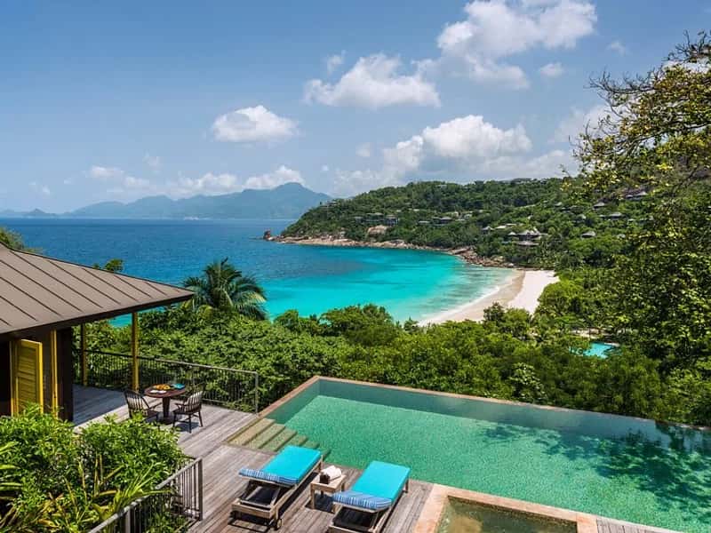 Four Seasons Resort Seychelles ocean view suite with floor-to-ceiling windows