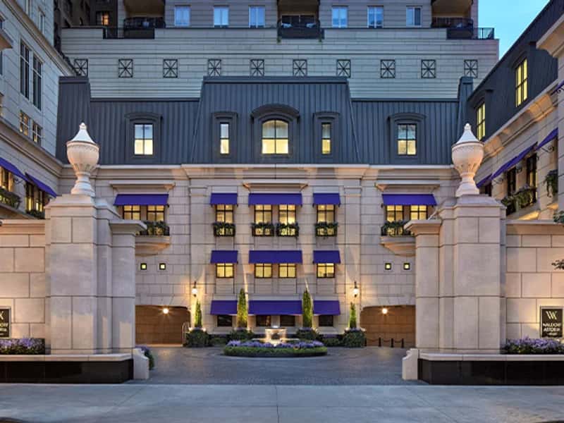 Waldorf Astoria Chicago courtyard at night with ambient lighting