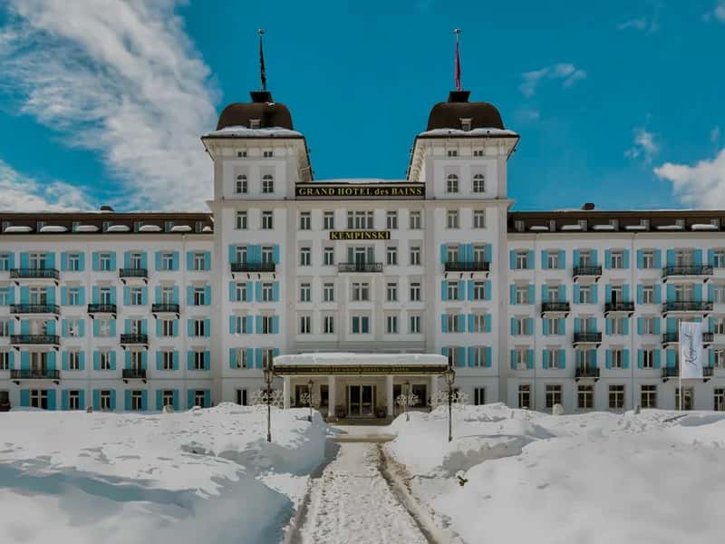 Grand Hotel des Bains Kempinski exterior in St. Moritz, Swiss Alps
