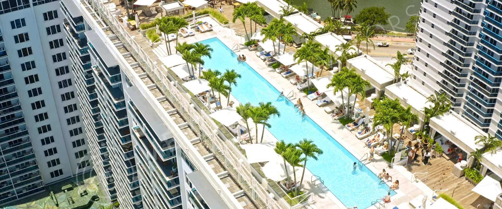 1 Hotel South Beach top-down drone view of pool and building