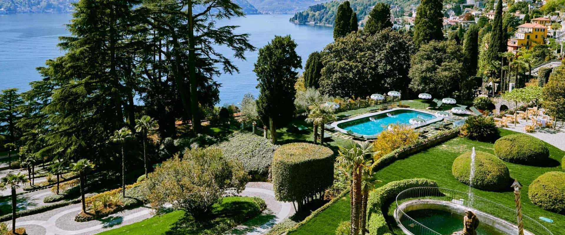 Passalacqua, Italy garden terraces — wider view, Virtuoso network property